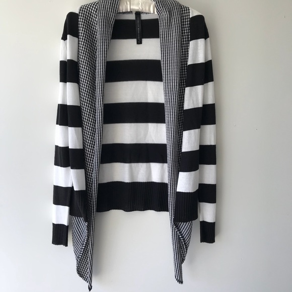 Black white striped check printed cardigan shawl collar waterfall Sz S - Picture 2 of 6